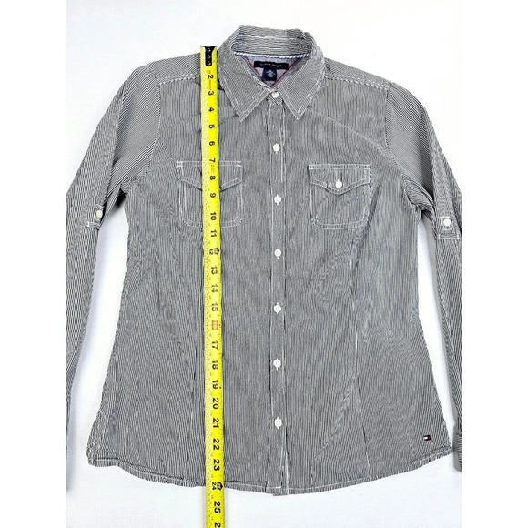 Tommy Hilfiger Size Medium Women's Black White Stripe Elbow Button Logo Shirt - Picture 12 of 13